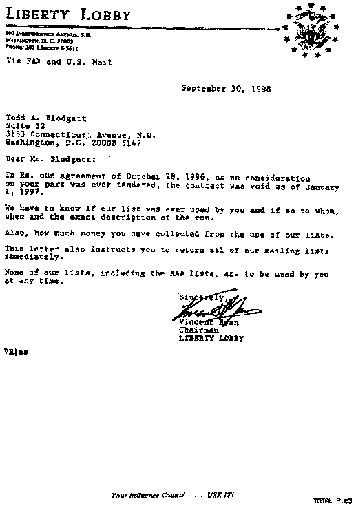 Vince Ryan’s Letter to Todd Blodgett (9/30/98)